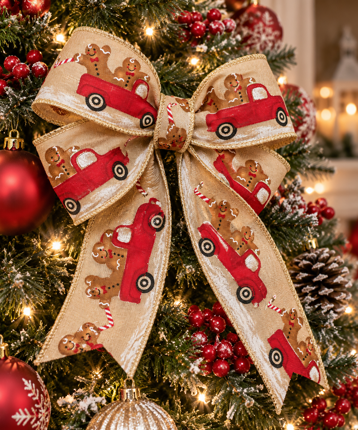 Gingerbread truck Christmas ribbon tied into a large bow on a decorated tree with red baubles and berries