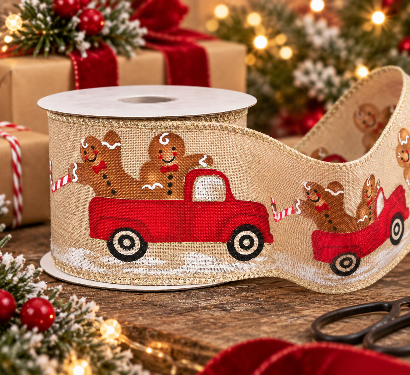 Gingerbread truck Christmas ribbon roll on wooden table beside wrapped gifts and scissors, showing full pattern repeat