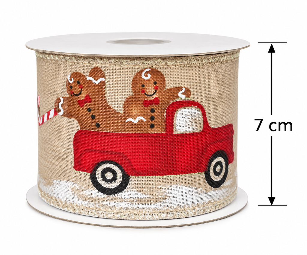Gingerbread truck Christmas ribbon roll on white background showing 7cm width measurement with dimension arrows