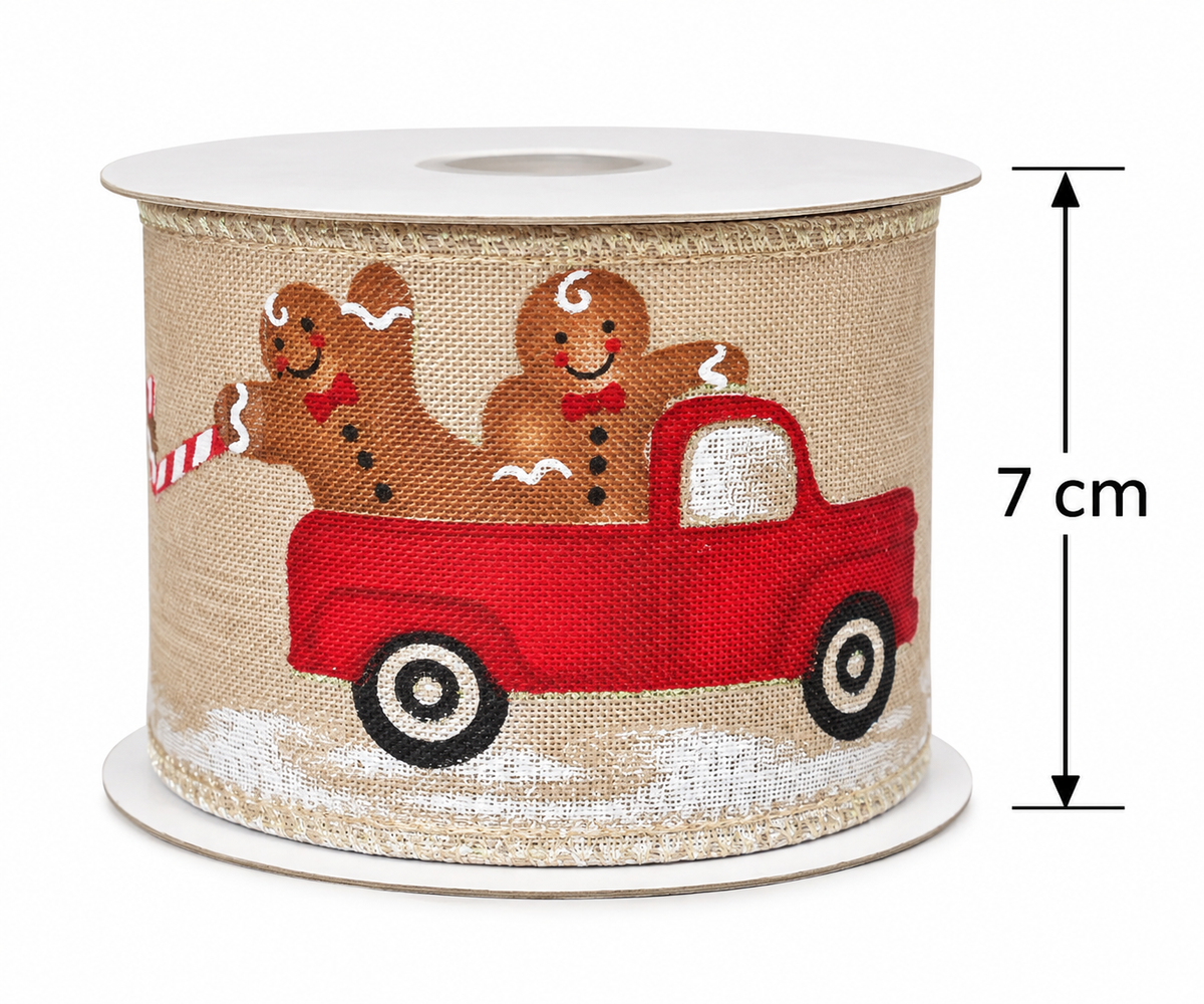 Gingerbread truck Christmas ribbon roll on white background showing 7cm width measurement with dimension arrows