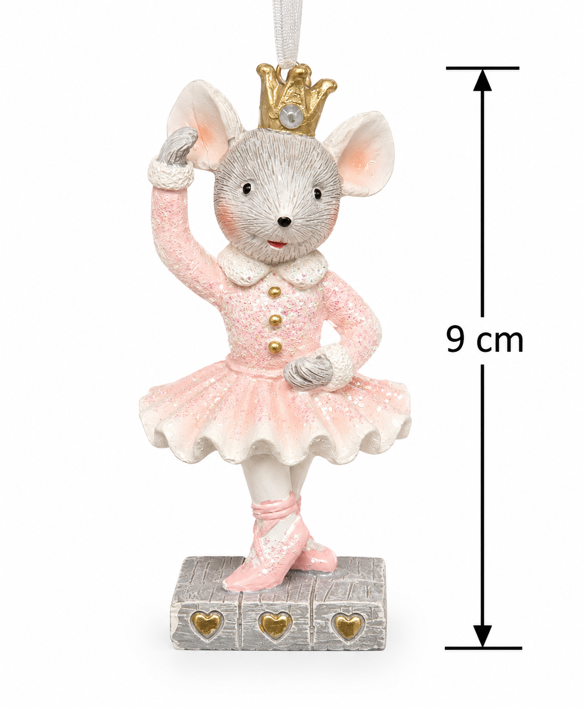 Pink ballerina mouse Christmas ornament on white background showing full detail, 9cm height measurement with dimension arrows