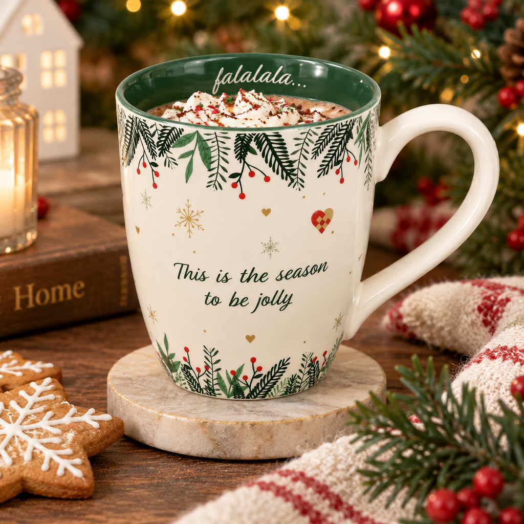 Cream Christmas mug with pine and holly berry design filled with hot chocolate and whipped cream, sitting on a marble coaster with gingerbread cookies and fairy lights