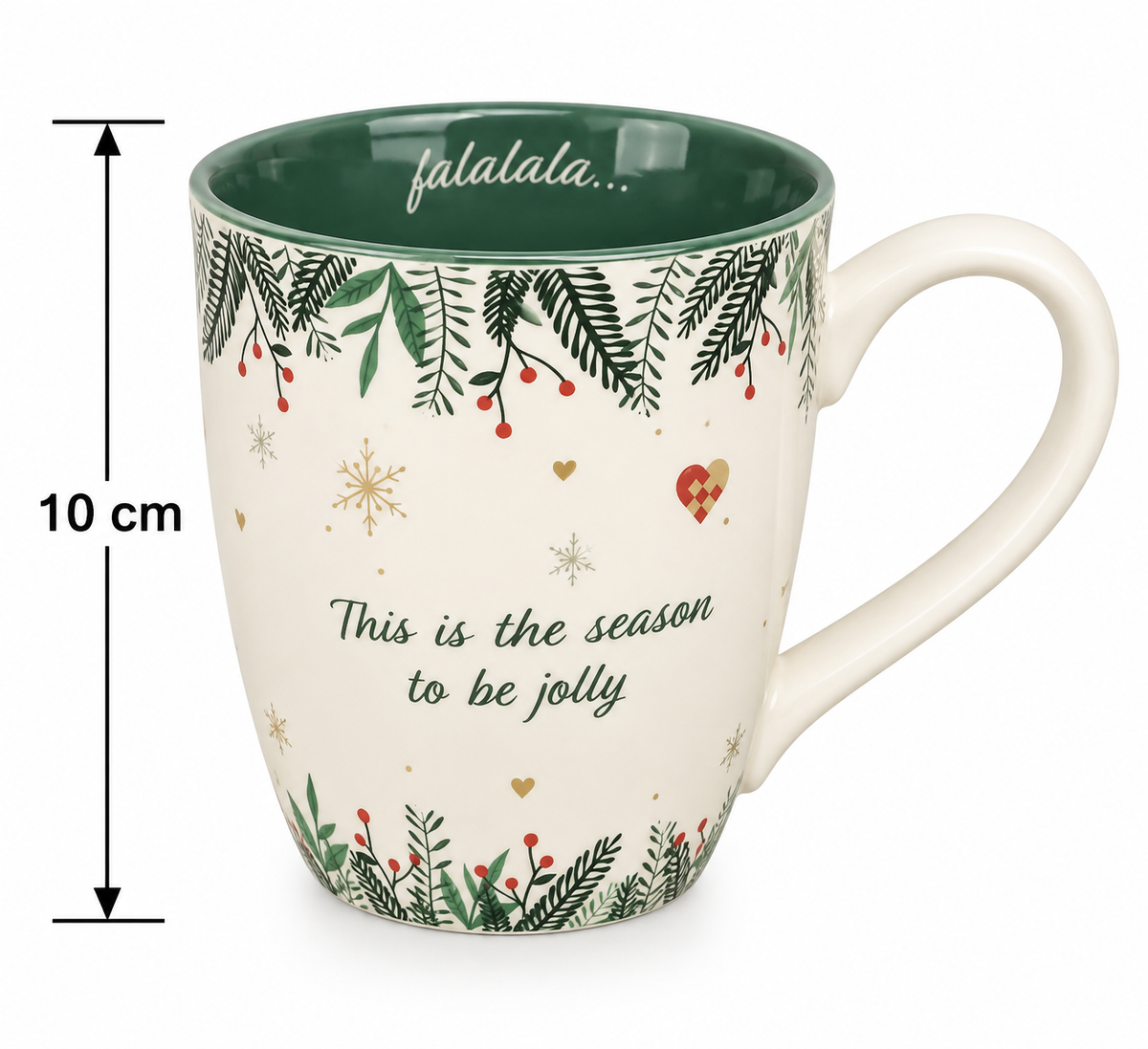 Cream Christmas mug on white background showing "This is the season to be jolly" text and green falalala rim, 10cm height measurement with dimension arrows