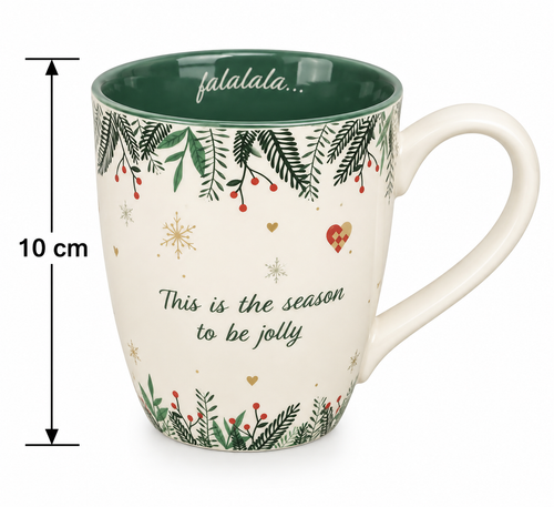 Cream Christmas mug on white background showing "This is the season to be jolly" text and green falalala rim, 10cm height measurement with dimension arrows