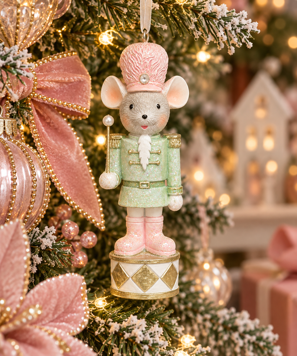 Mint green and pink toy soldier mouse Christmas ornament hanging on a decorated tree with pink ribbons and gold baubles