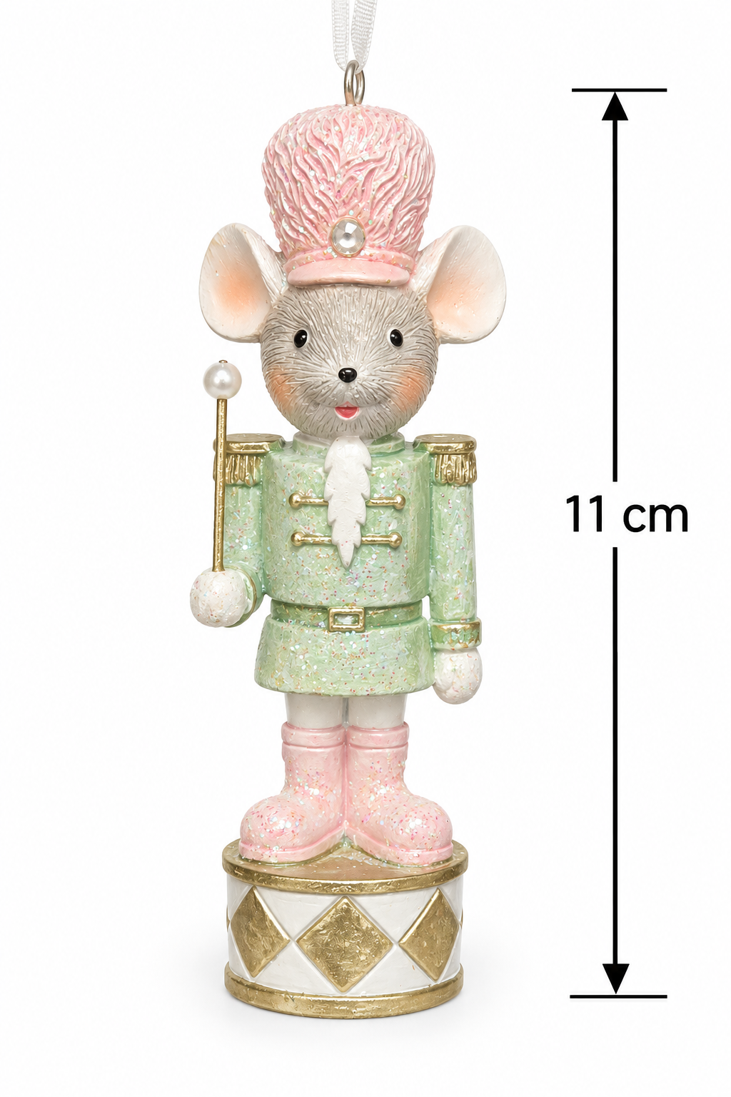 Mint green and pink toy soldier mouse Christmas ornament on white background showing full detail, 11cm height measurement with dimension arrows