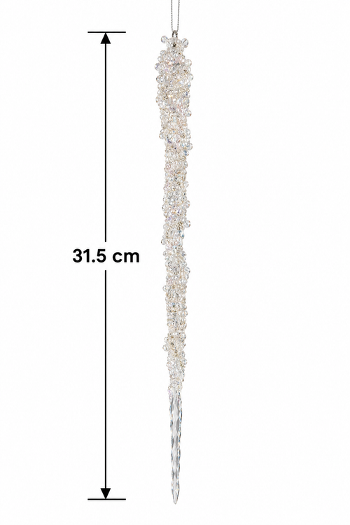 Beaded icicle ornament on a white background showing full 31.5cm length, tapering from a beaded spiral top to a faceted clear crystal point