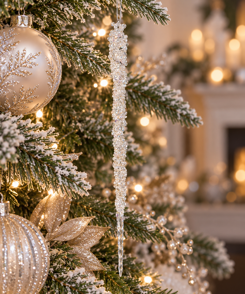 Beaded icicle ornament hanging on a flocked Christmas tree, iridescent white and silver beads catching warm fireplace light beside gold glitter leaves and silver baubles