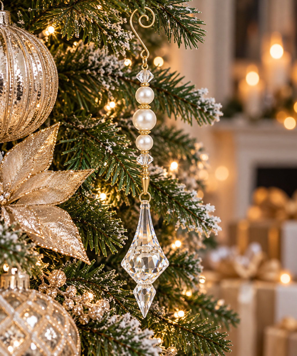 Pearl and crystal long drop ornament hanging on a Christmas tree with gold scroll hook, gold ornaments and glitter poinsettia leaves in a warm candlelit room
