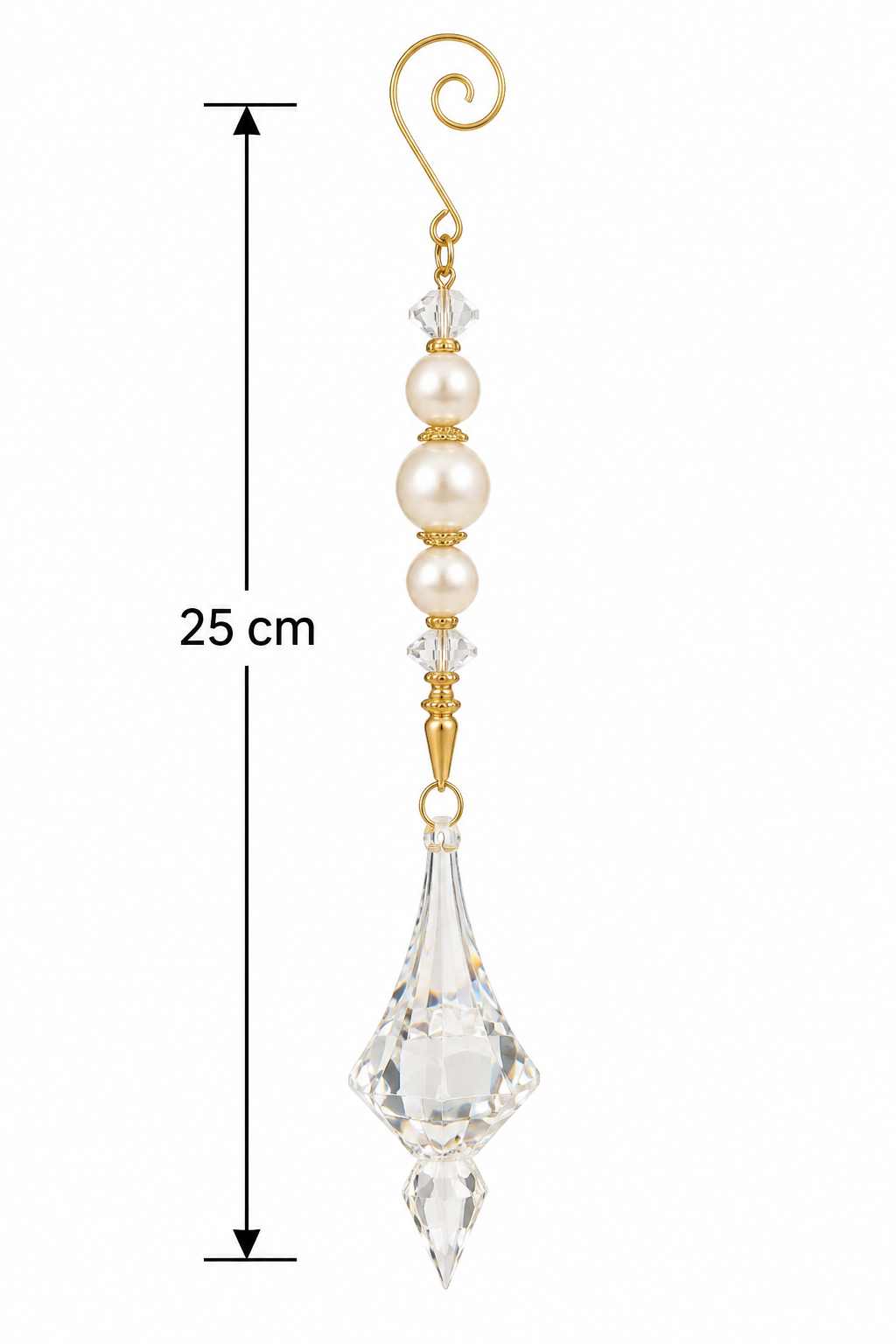 Pearl and crystal long drop ornament on a white background showing full 25cm length, graduated pearls and crystal beads above a large faceted crystal drop
