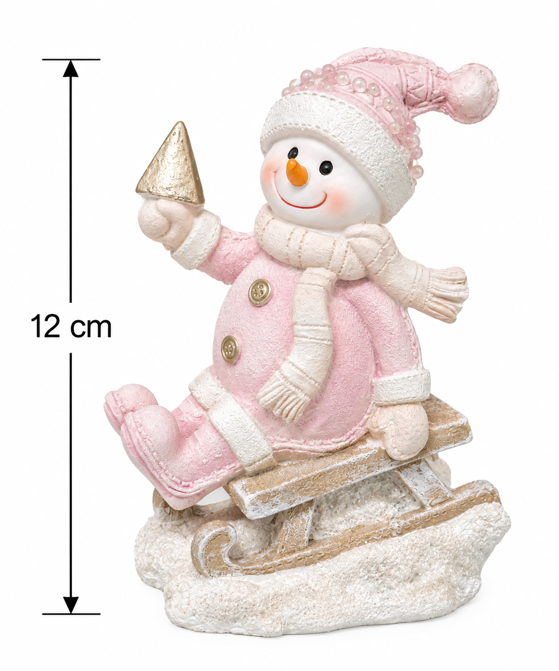 Pink snowman on sledge figurine on a white background showing 12cm height, holding a gold glitter tree while seated on a wooden-style sledge