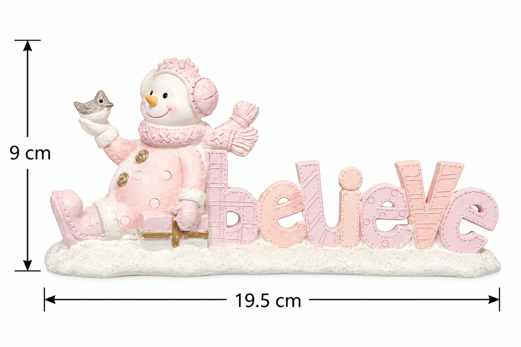 Pink snowman 'Believe' sign figurine on a white background showing 9cm height and 19.5cm width, snowman holding a bird beside a gift box