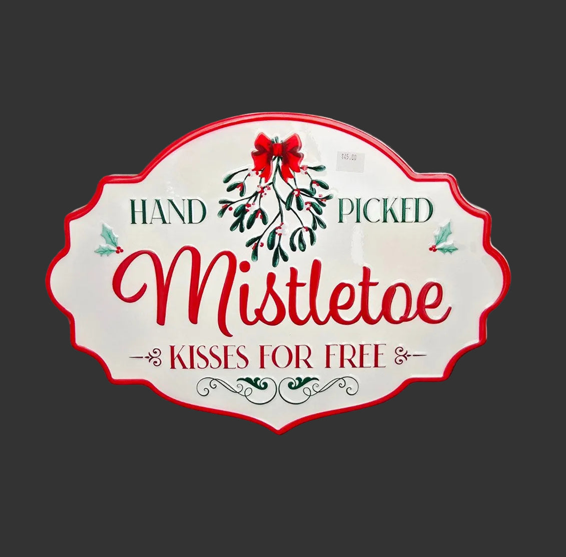 Close up of Meet Me Under the Mistletoe Christmas wall sign with mistletoe design — Mistletoe Home Australia
