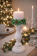 Large white holly Christmas candlestick 33cm with pillar candle styled on a Christmas dining table with garland and fairy lights — Mistletoe Home Australia