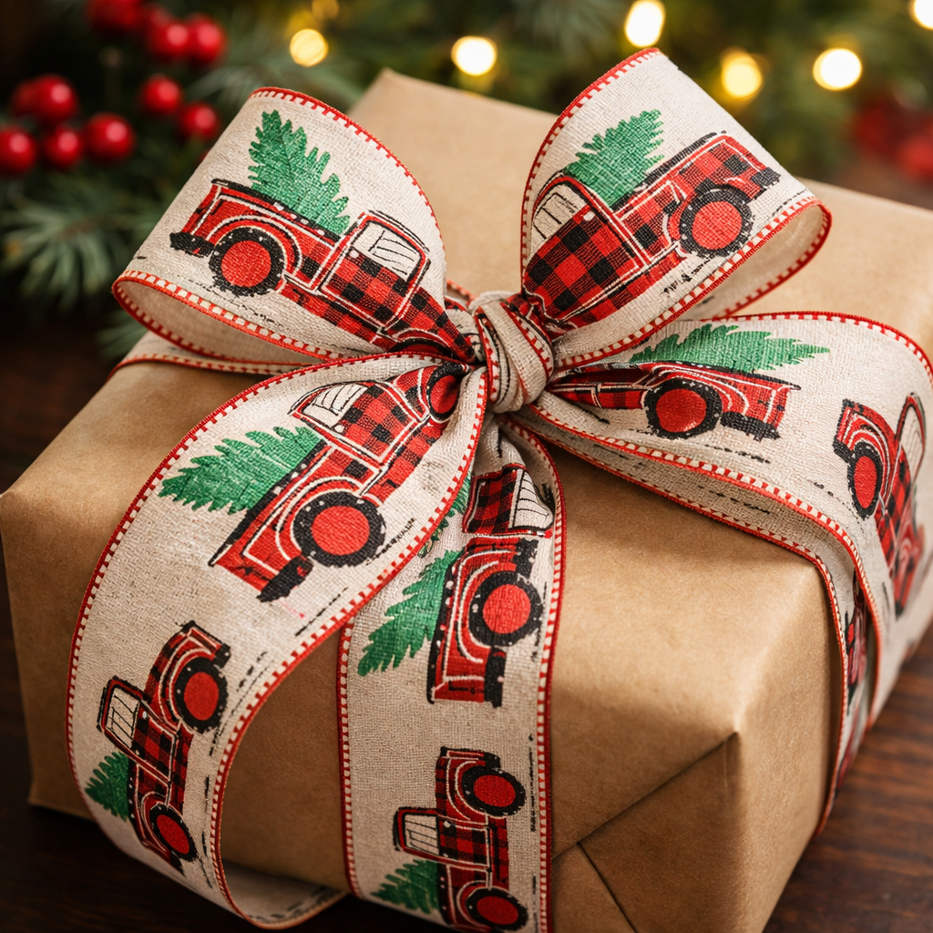 Vintage red truck Christmas ribbon used for gift wrapping with festive decorations