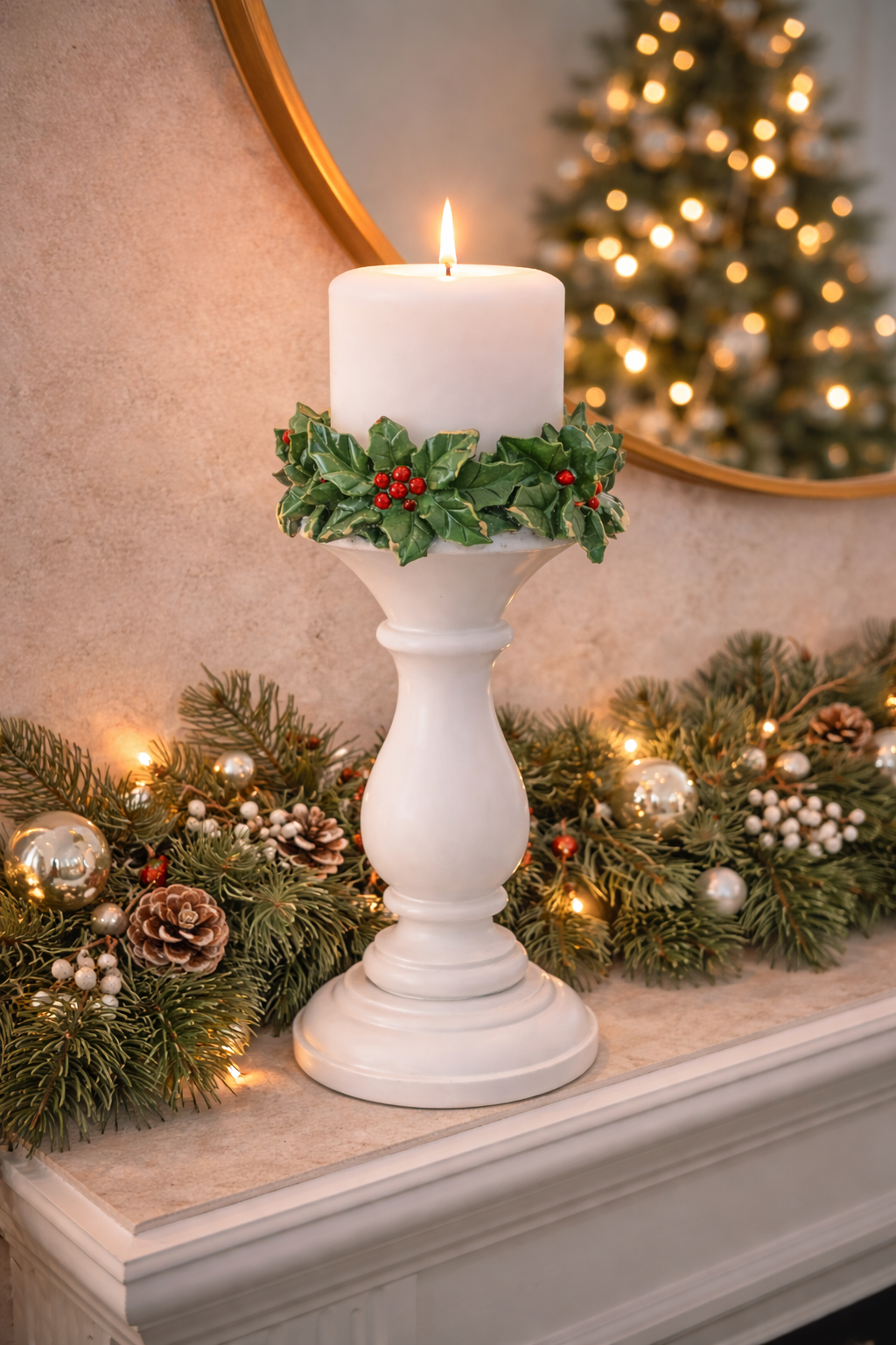 Large white holly Christmas candlestick 33cm with lit pillar candle styled on a Christmas mantle with garland pinecones and gold mirror — Mistletoe Home Australia