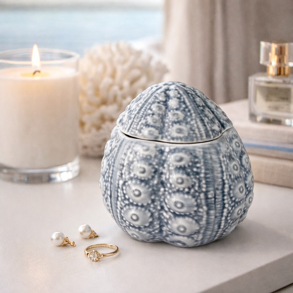 Blue and white ceramic sea urchin trinket jar styled on a dressing table with pearl earrings, gold ring, candle and coral — Mistletoe Home