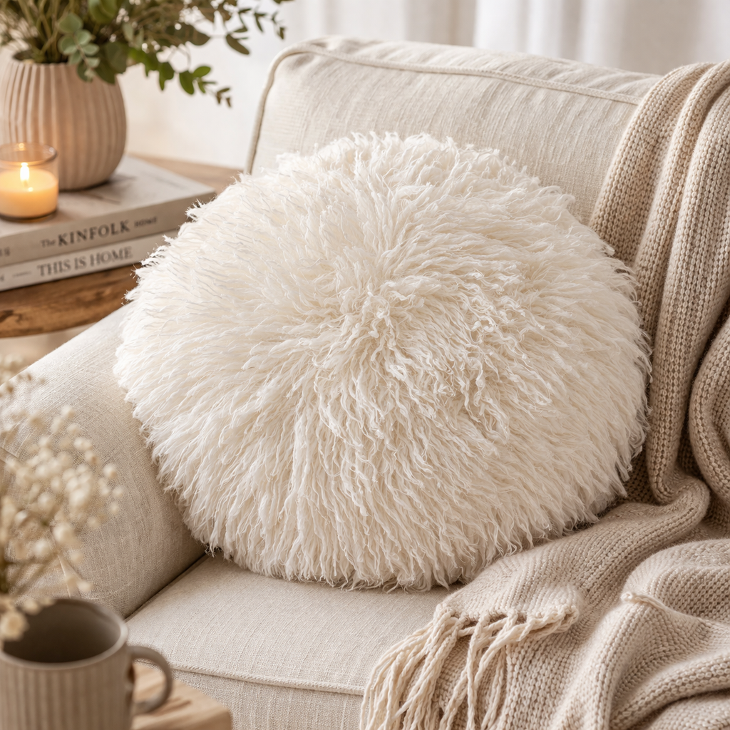 Round ivory faux fur cushion styled on a cosy sofa in neutral living room — Mistletoe Home Australia