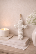 White floral rose cross hanging decoration 13cm with jute cord styled on books with candle and baby's breath flowers — elegant home décor Australia Mistletoe Home