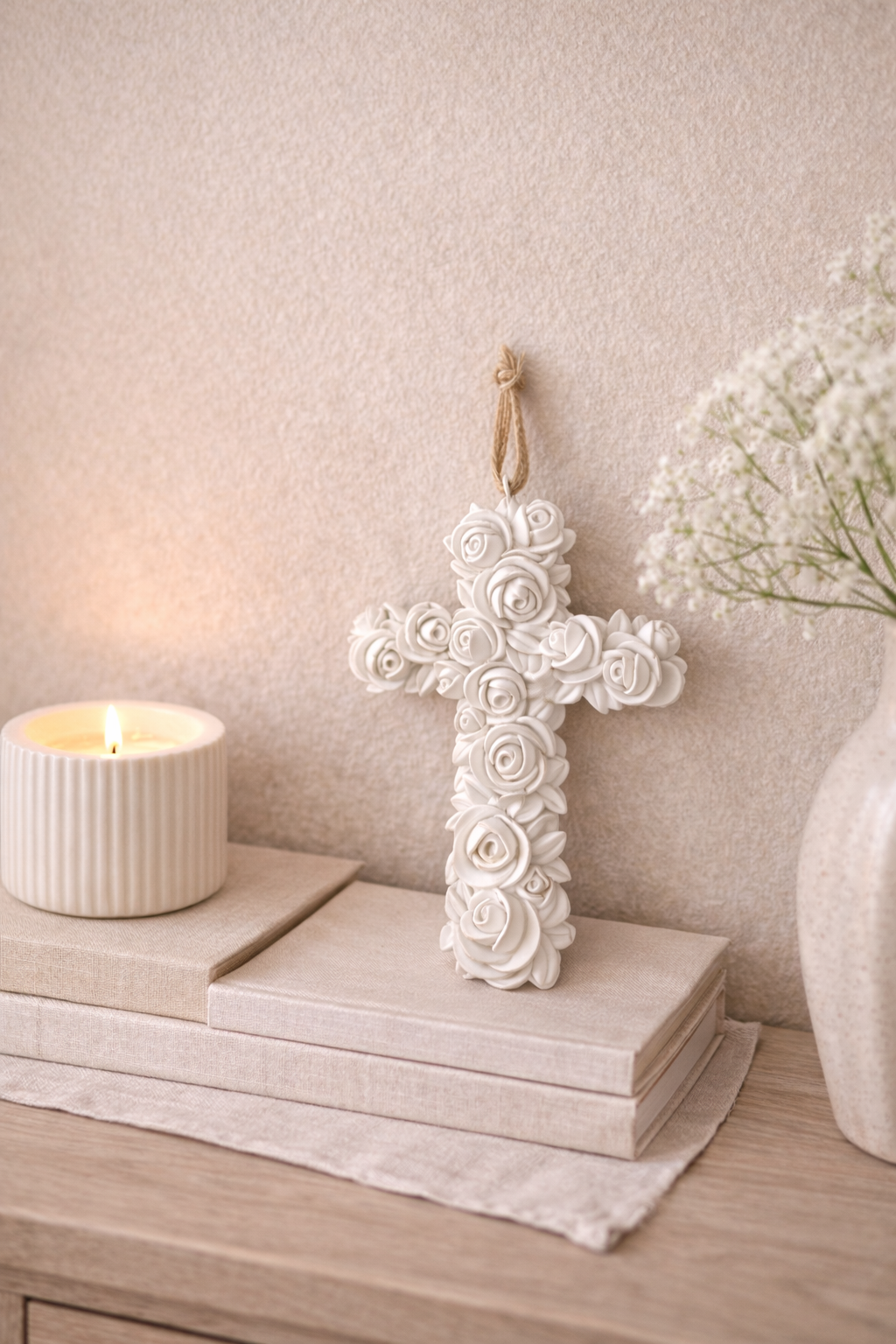 White floral rose cross hanging decoration 13cm with jute cord styled on books with candle and baby's breath flowers — elegant home décor Australia Mistletoe Home