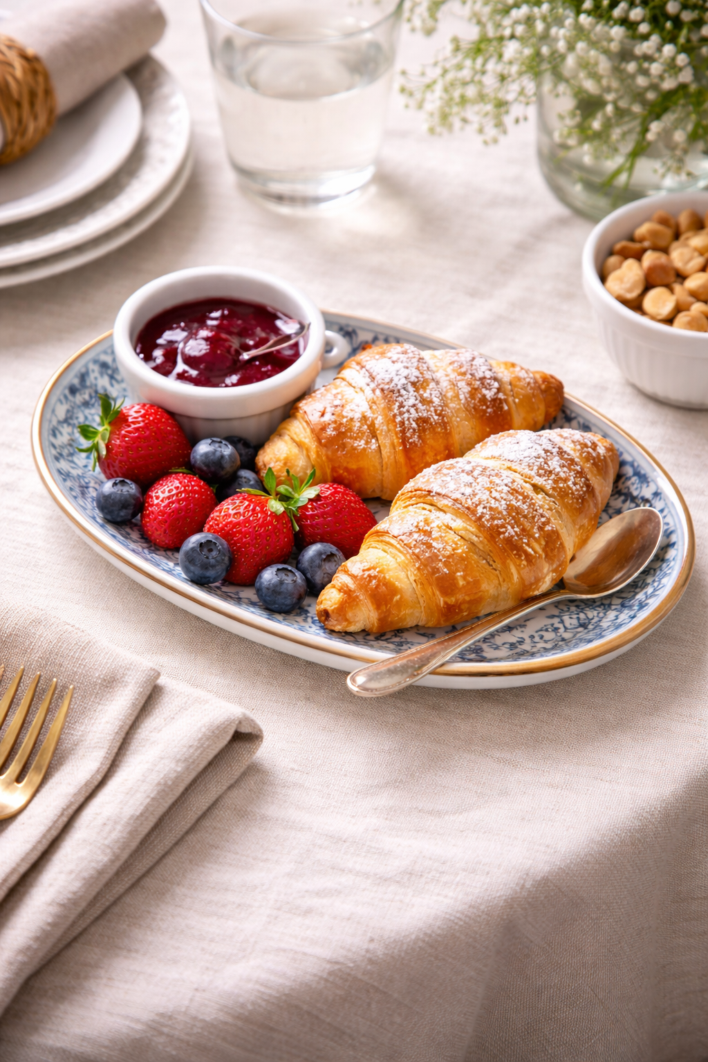 Blue oval ceramic dish styled on a breakfast spread with croissants — Mistletoe Home Australia