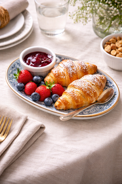 Blue oval ceramic dish styled on a breakfast spread with croissants — Mistletoe Home Australia