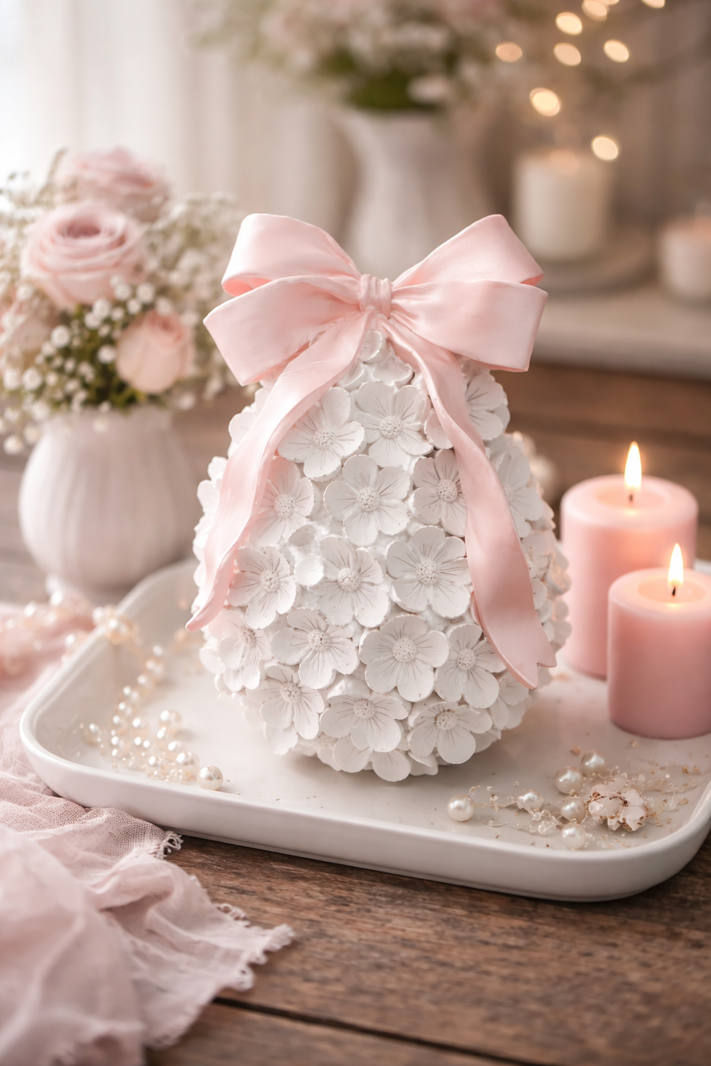 White floral Easter egg decoration 18cm with blush pink satin bow styled on a white tray with pink candles pearls and roses — luxury Easter décor Australia Mistletoe Home