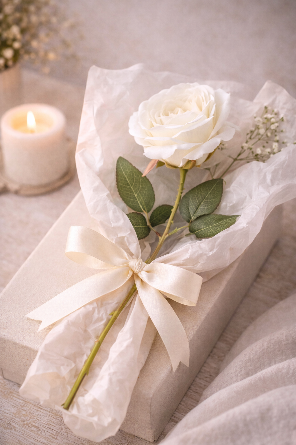 Faux white rose stem laid across a wrapped gift box in white tissue paper tied with a cream satin ribbon, styled with a pillar candle and white gypsophila — Mistletoe Home