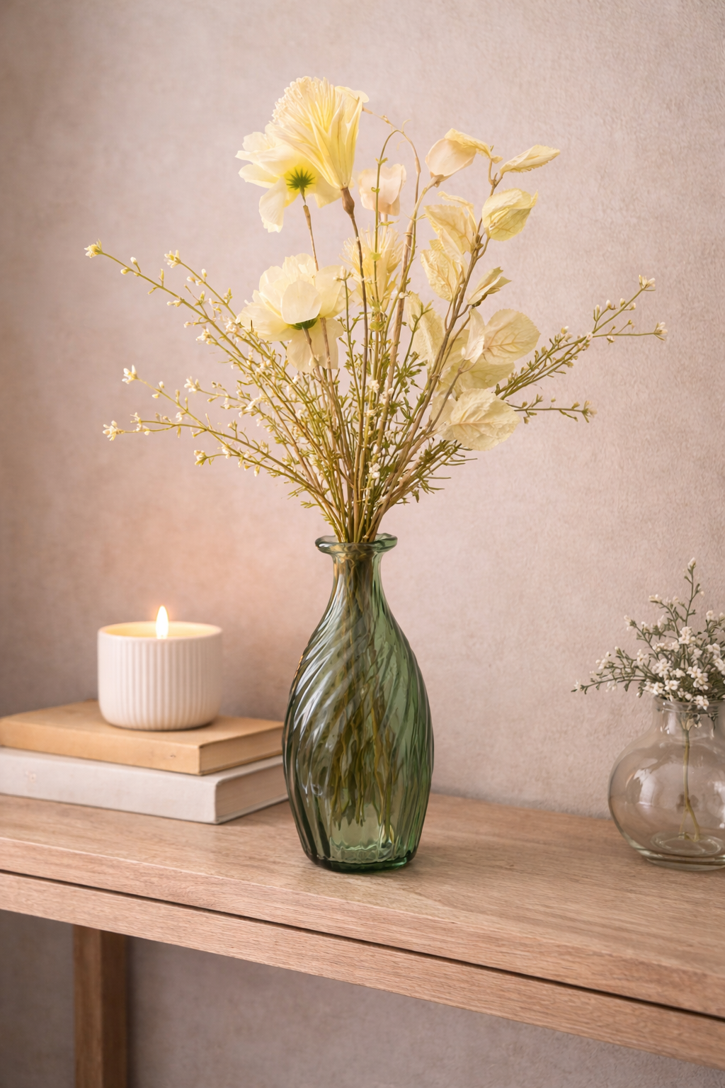 Wild flower faux floral bundle styled in a green glass vase on a timber console with candle and books — natural home décor Australia Mistletoe Home