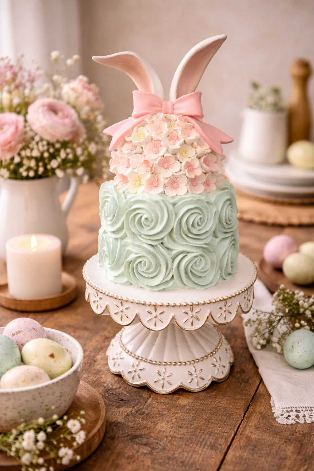 Decorative faux two-tier Easter cake centrepiece with mint green rosette base, blush cherry blossom top, pink bow and sculpted bunny ears on a white and gold scalloped cake stand, styled on a rustic timber Easter table with pastel eggs, pink ranunculus and white gypsophila — Mistletoe Home