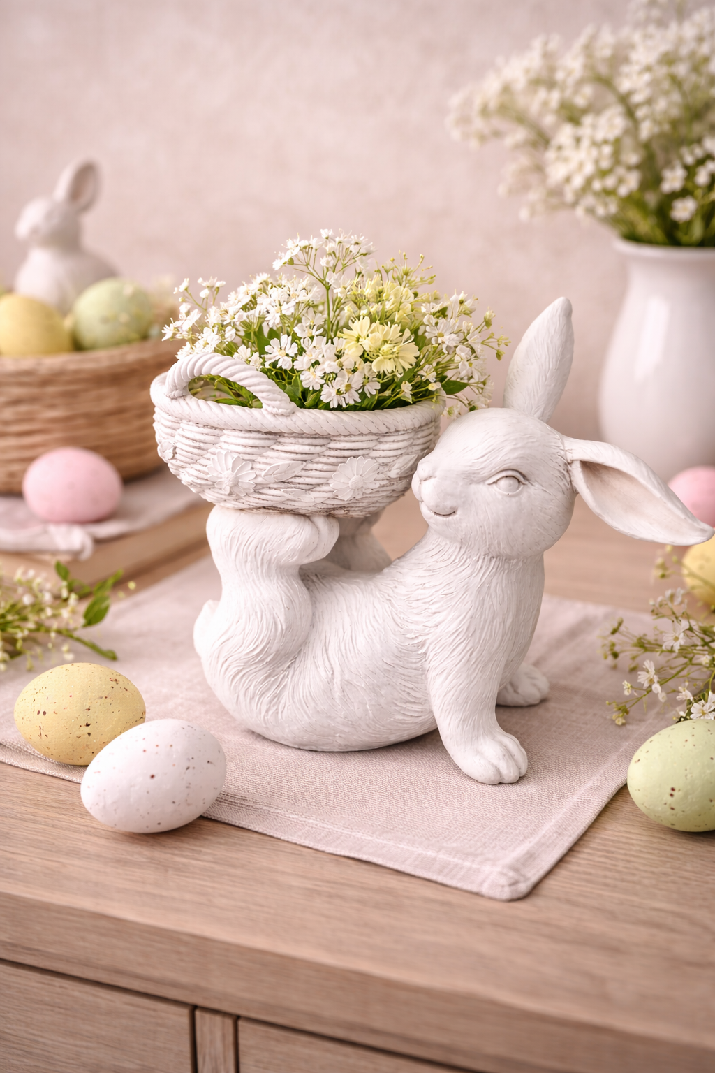 White rabbit basket planter 31cm filled with spring flowers styled on a timber table with pastel Easter eggs and baby's breath — Easter décor Australia Mistletoe Home