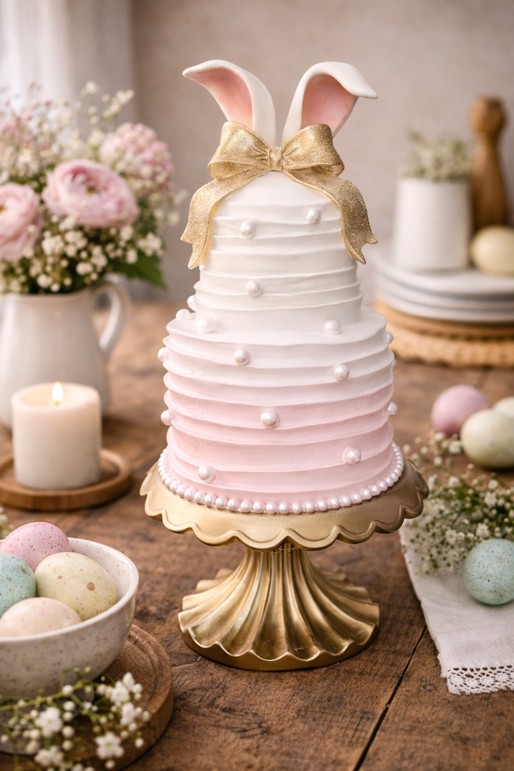 Luxury faux tiered Easter cake centrepiece in blush pink and white ombré with bunny ears, glittered gold bow and pearl dots on a gold scalloped stand, styled on a rustic timber Easter table with pastel eggs, pink ranunculus and white gypsophila — Mistletoe Home