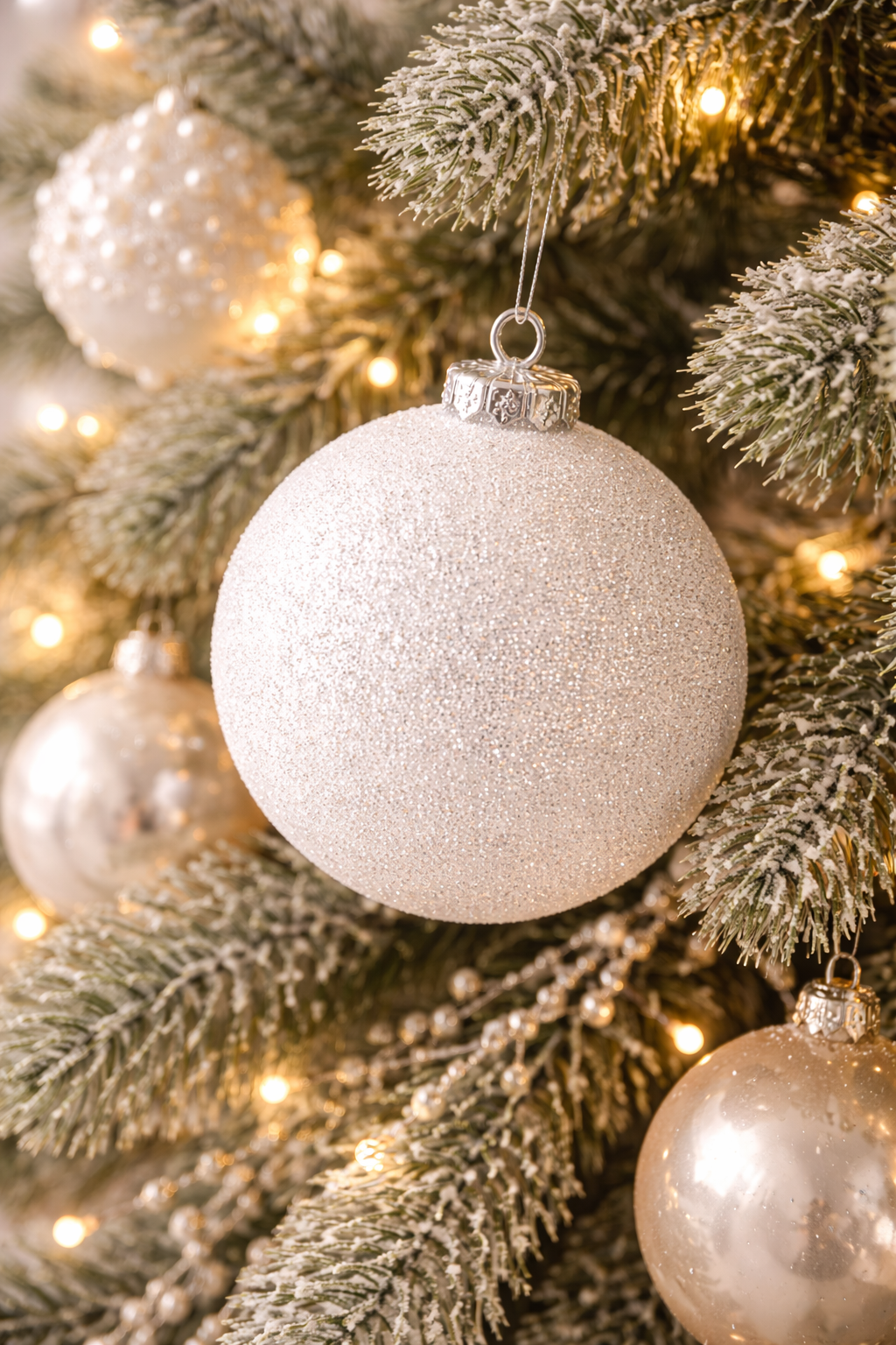 Large white glitter Christmas tree bauble 20cm hanging on a frosted Christmas tree with fairy lights and gold ornaments — Mistletoe Home Australia