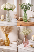 Twisted swirl glass vases in clear, green, amber and pink styled with white hydrangeas, eucalyptus, pampas grass and baby's breath — Mistletoe Home