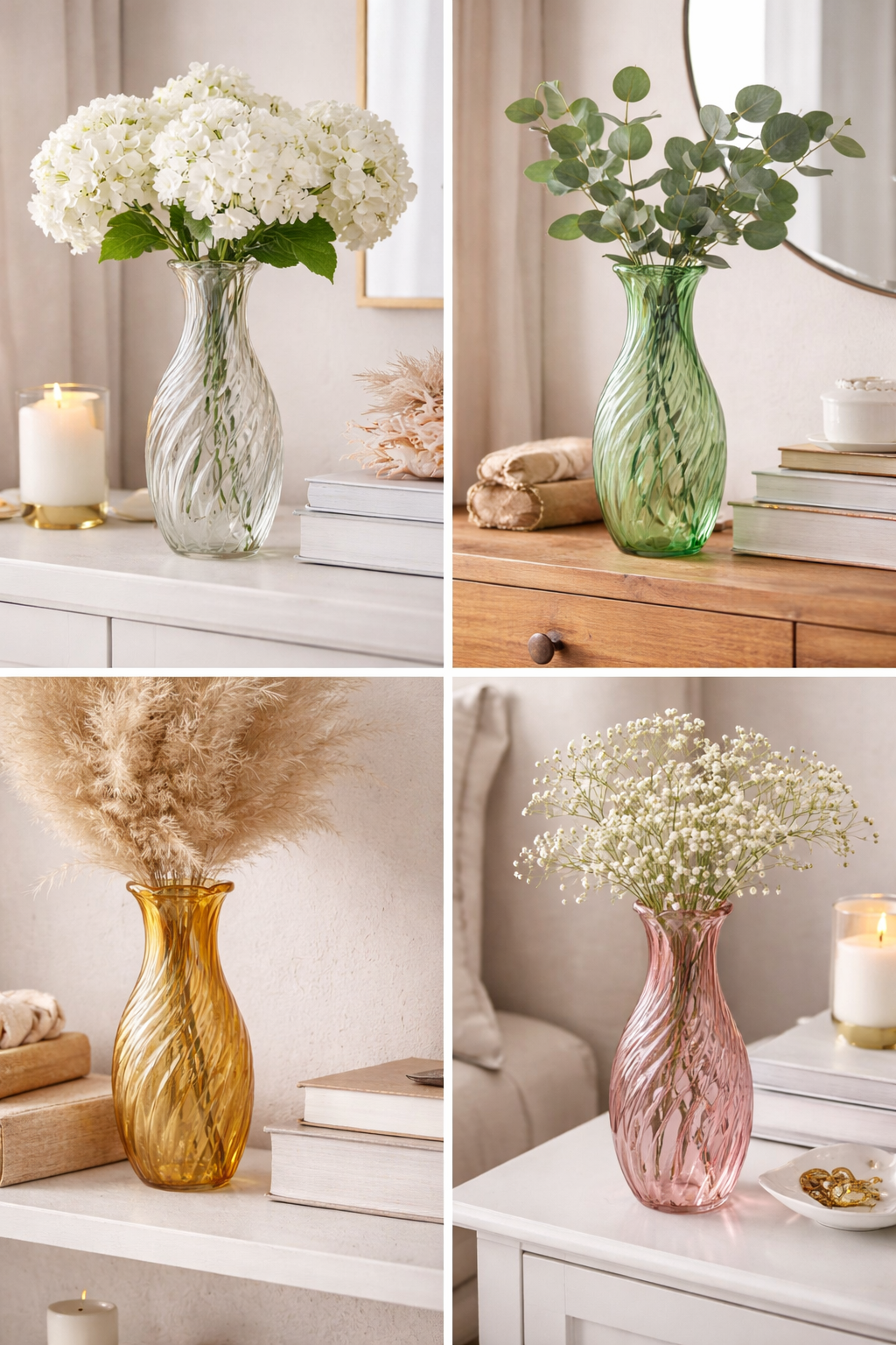 Twisted swirl glass vases in clear, green, amber and pink styled with white hydrangeas, eucalyptus, pampas grass and baby's breath — Mistletoe Home