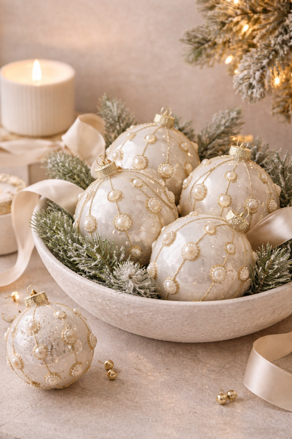 White pearl and gold glass Christmas baubles displayed in a decorative bowl with frosted greenery candle and satin ribbon — elegant Christmas styling Australia Mistletoe Home