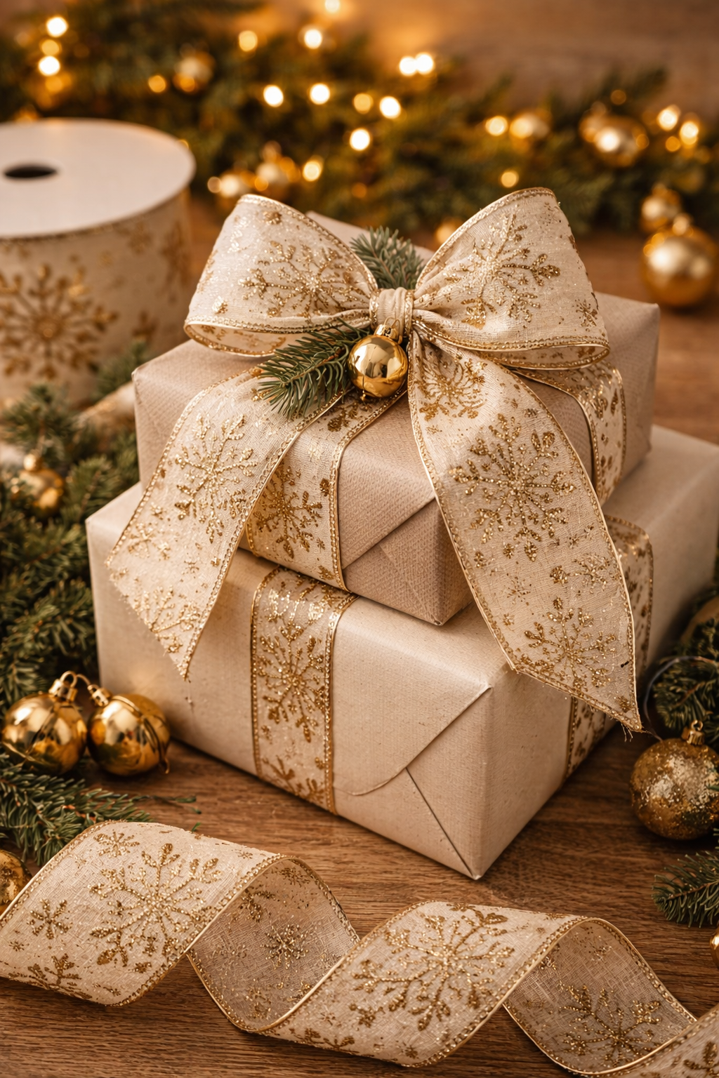Gold snowflake fabric ribbon with wired edge styled on Christmas wreath — Mistletoe Home Australia
