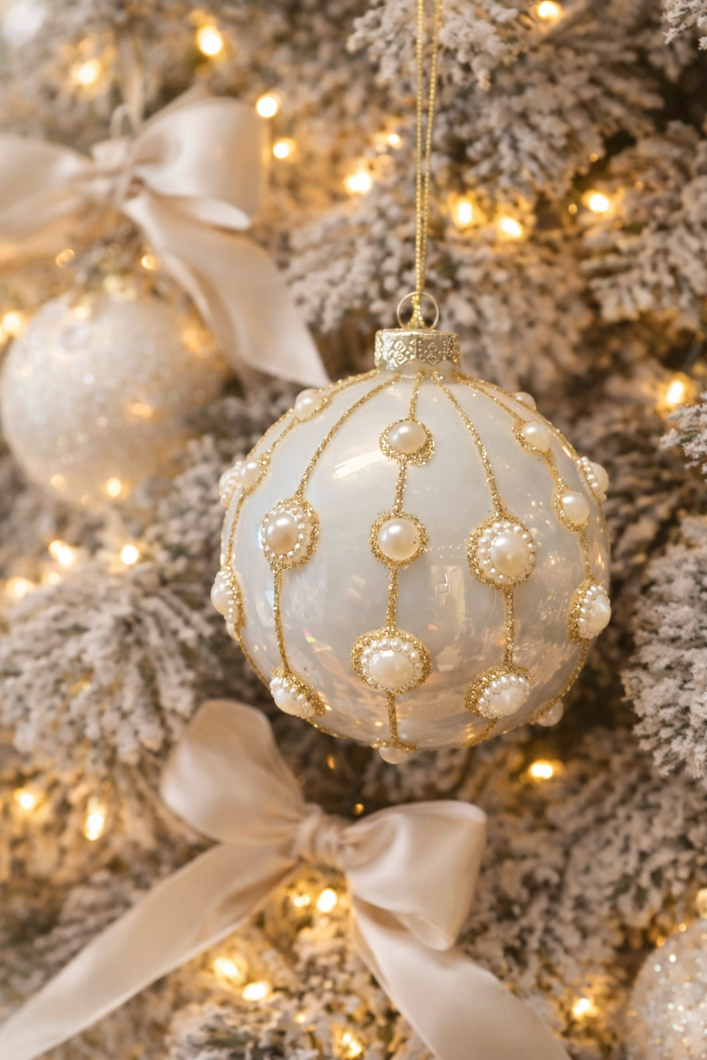 White pearl and gold glass Christmas bauble 10cm hanging on a frosted Christmas tree with fairy lights and cream satin ribbons — luxury ornament Australia Mistletoe Home