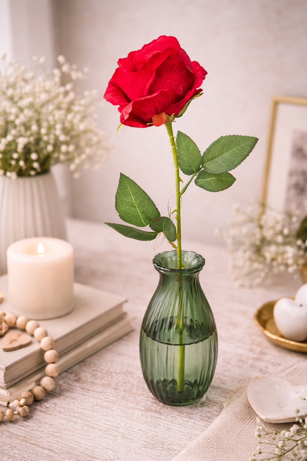 Single faux red rose stem with green leaves in a small green ribbed glass bud vase styled on a neutral table with a white pillar candle, stacked books, wooden bead garland and white gypsophila — Mistletoe Home
