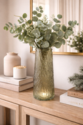 Textured woodgrain glass vase 22.5cm filled with eucalyptus stems styled on a timber console with books and candle — rustic home décor Australia Mistletoe Home