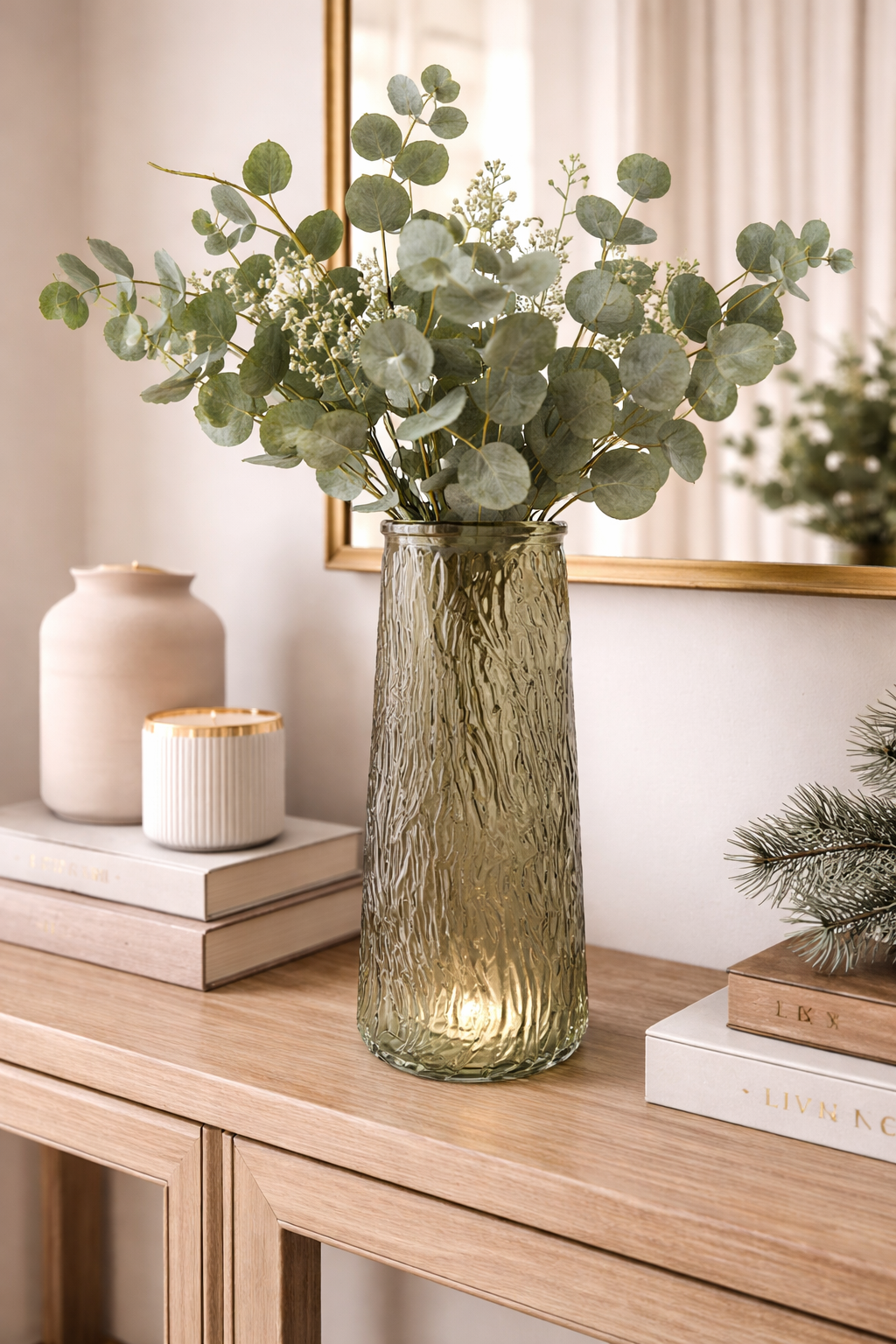 Textured woodgrain glass vase 22.5cm filled with eucalyptus stems styled on a timber console with books and candle — rustic home décor Australia Mistletoe Home