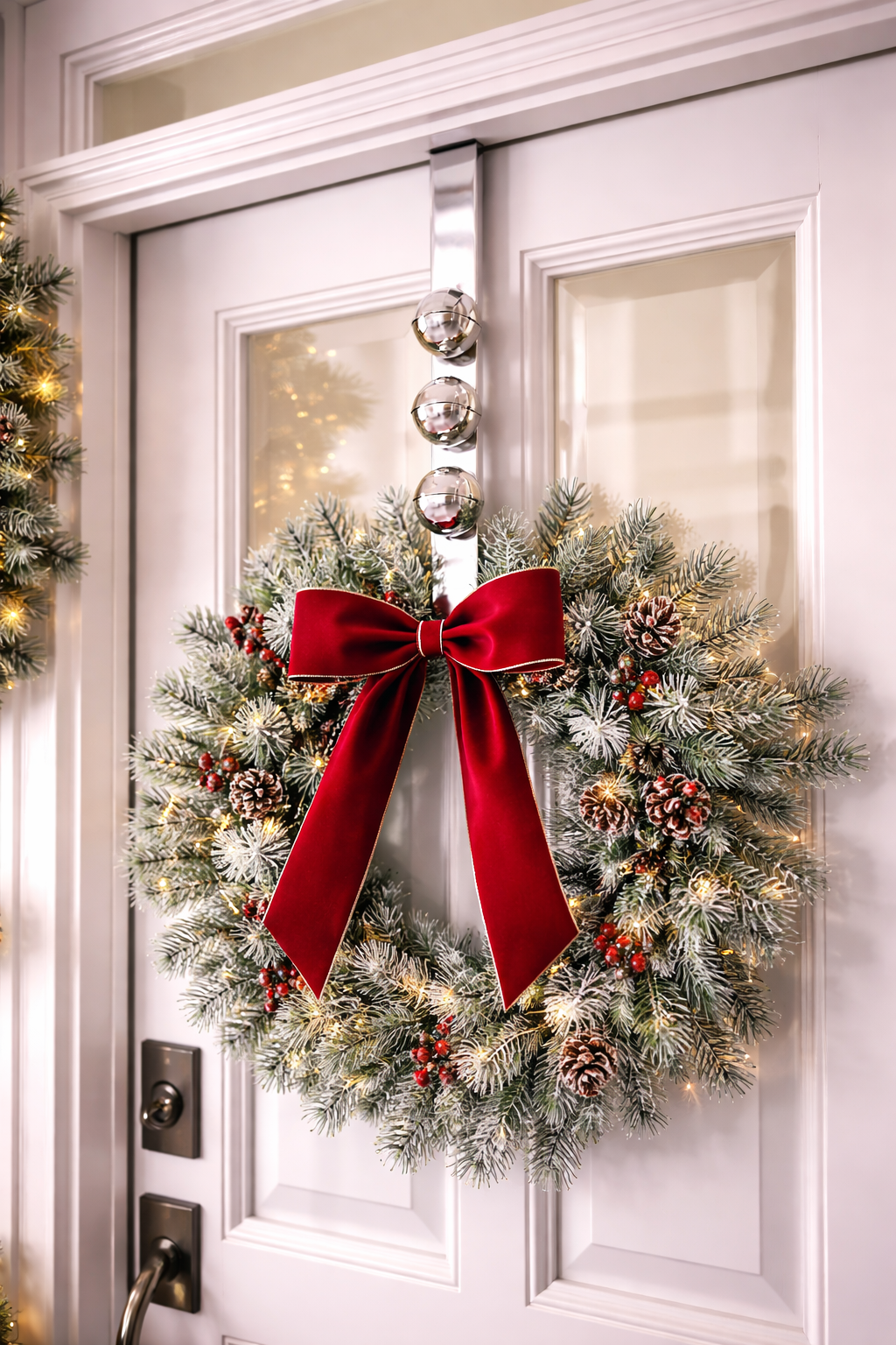 Silver over-the-door Christmas wreath hanger with jingle bells displaying a festive frosted wreath with red bow on a white front door — Mistletoe Home Australia