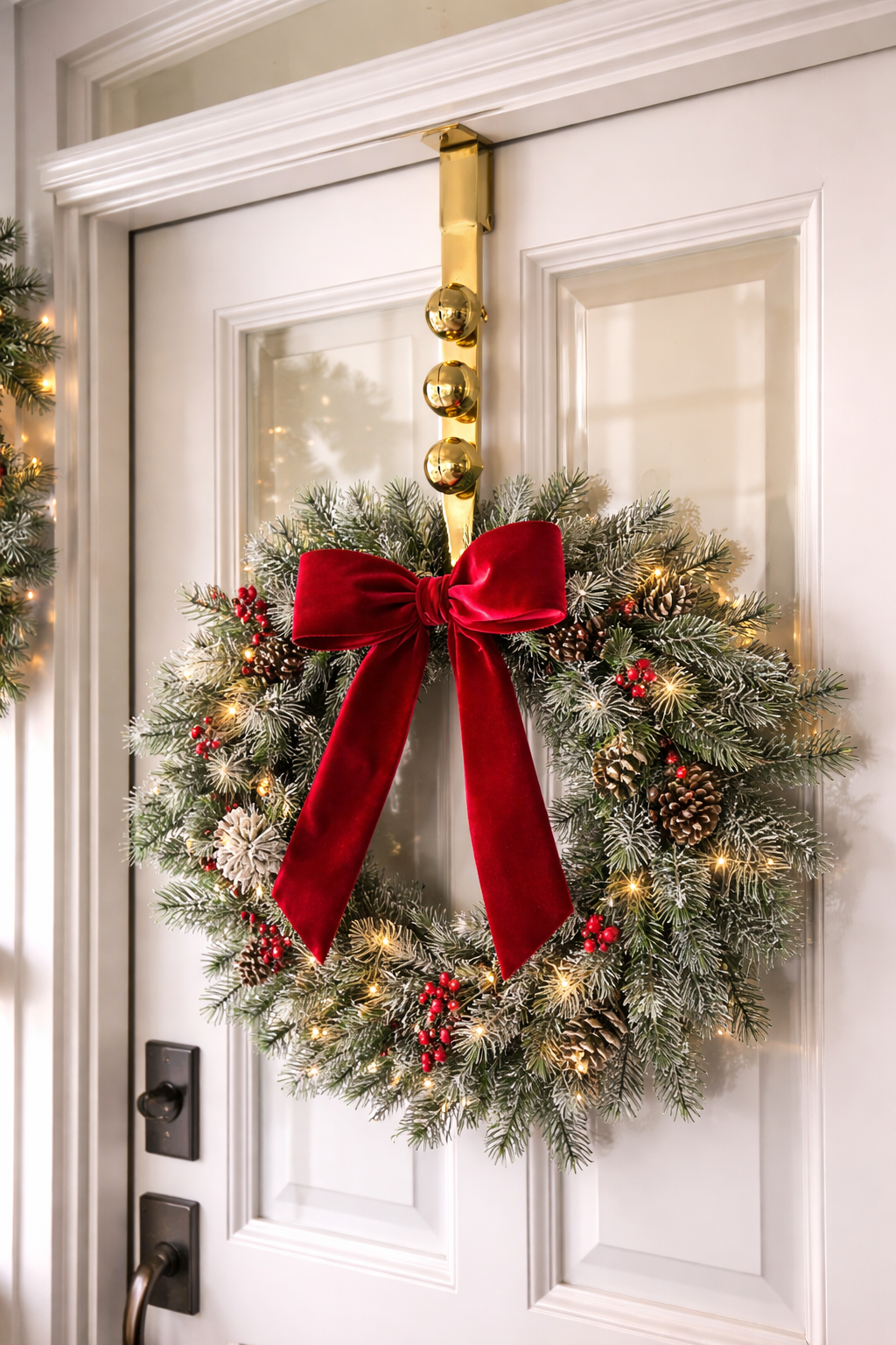 Gold over-the-door Christmas wreath hanger with jingle bells displaying a festive frosted wreath with red bow on a white front door — Mistletoe Home Australia
