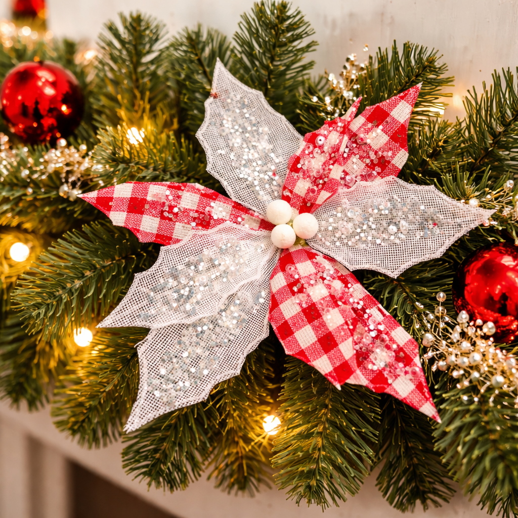 Red and white checkered poinsettia clip on festive garland close up — Mistletoe Home Australia