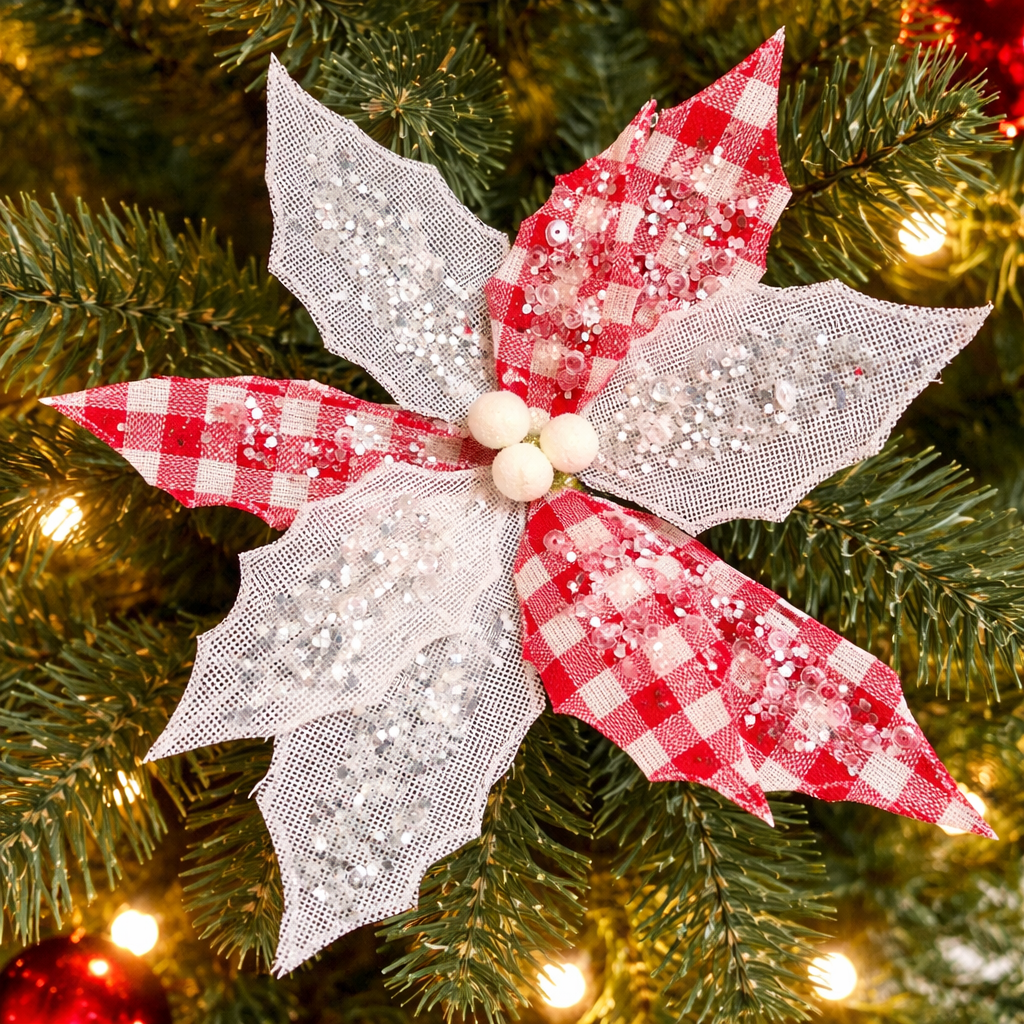 Red and white poinsettia Christmas clip decoration on a festive Christmas tree — Mistletoe Home Australia