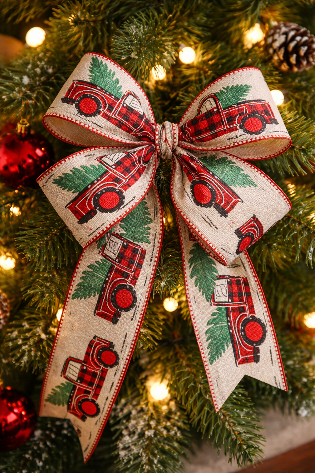 Christmas red truck wired ribbon tied in a bow on a decorated Christmas tree — Mistletoe Home Australia