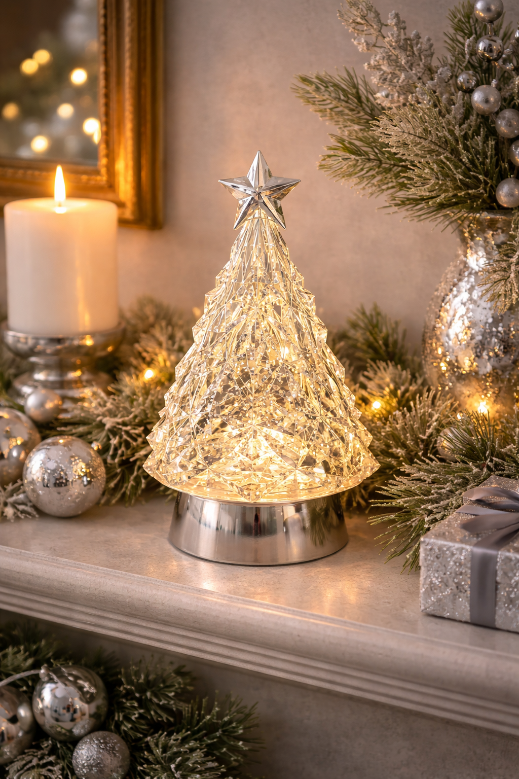 Silver crystal LED Christmas tree glowing warm white on a mantle styled with silver baubles, frosted pine garland and a wrapped gift — Mistletoe Home