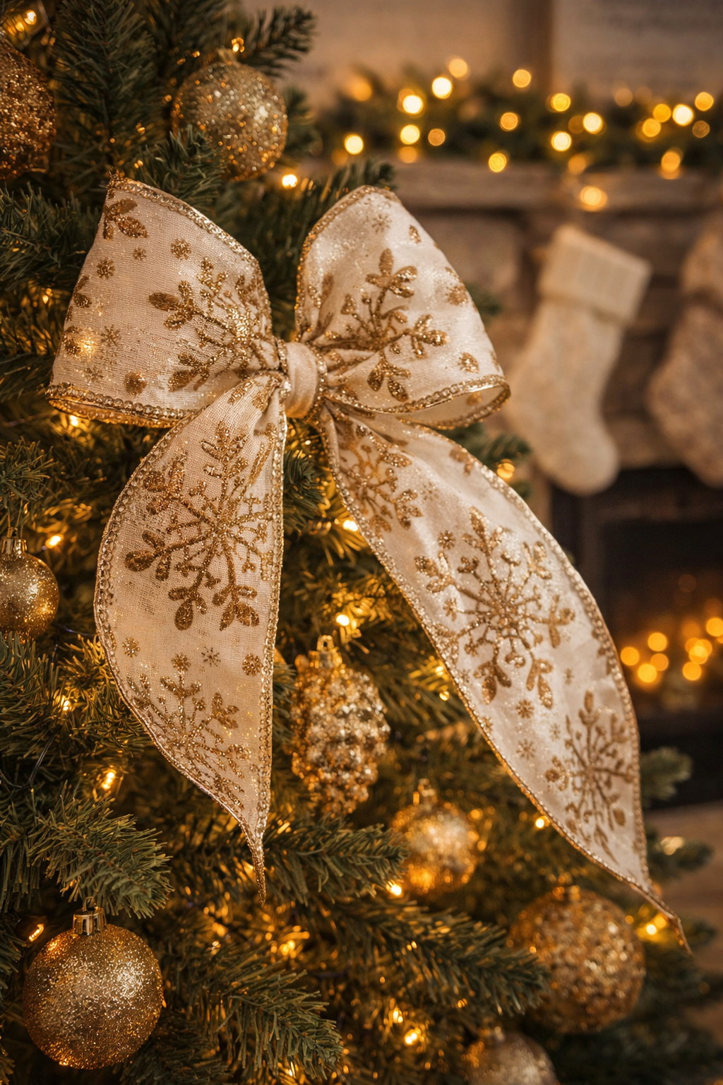 Gold snowflake wired ribbon tied in a bow on a decorated Christmas tree — Mistletoe Home Australia