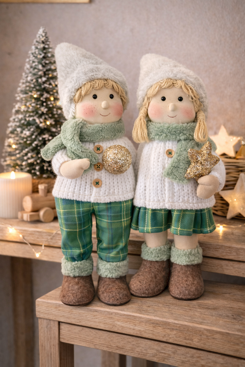 45cm standing Winter Boy and Winter Girl Christmas decorations styled together as a pair on timber console with frosted Christmas tree and fairy lights — Mistletoe Home Australia