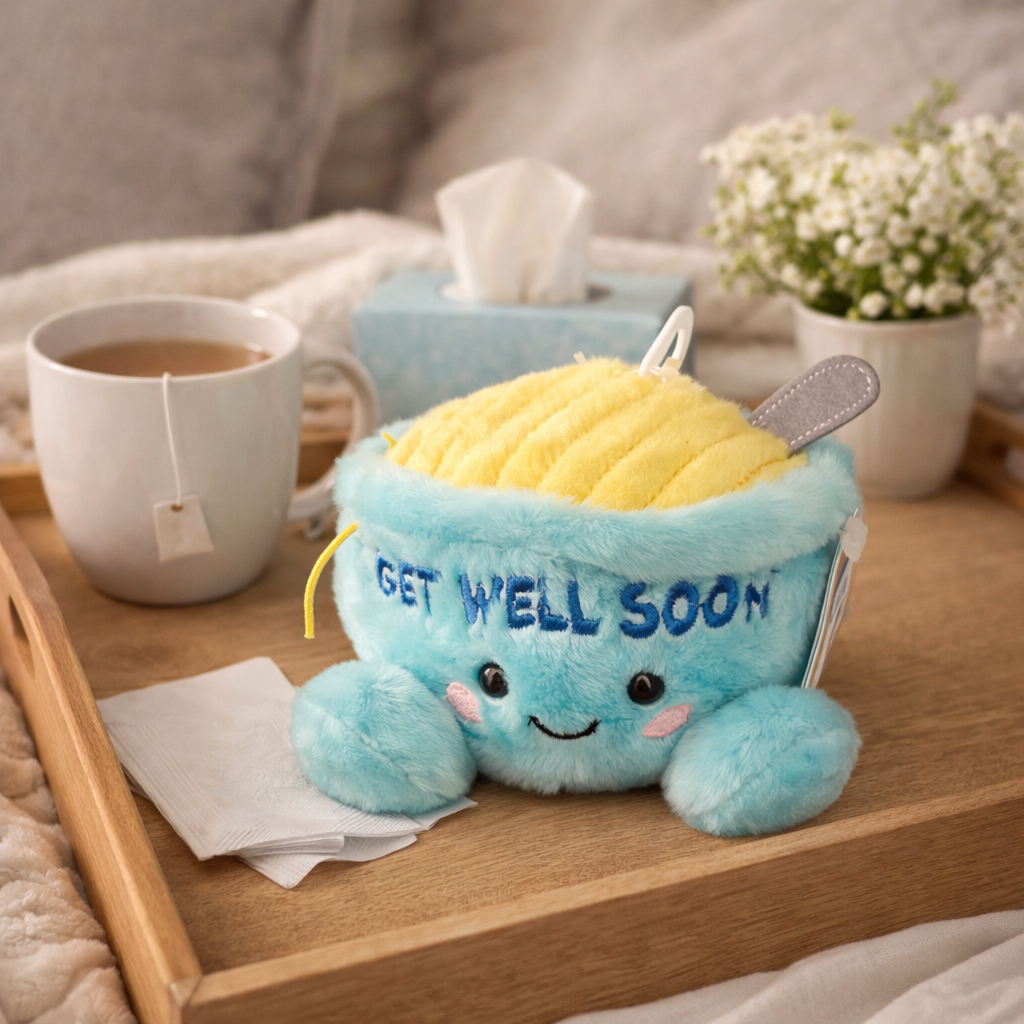 Palm Pals Welly chicken soup get well soon plush toy styled on a wooden bed tray with tea cup tissues and flowers — get well gift Australia Mistletoe Home